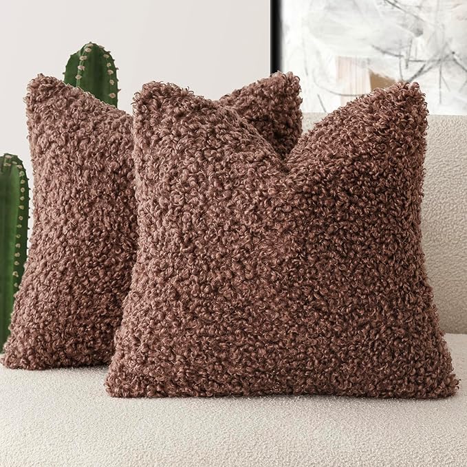 Foindtower 2 Pieces 26x26 Inch Red Brown, Faux Fur Throw Pillow Cover Accent Sherpa Furry Pillow Covers Fuzzy Soft Pillowcases Cozy Sheepskin Decorative Fleece Cushion Case for Bed Couch Living Room