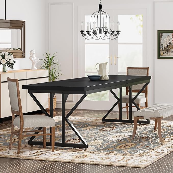 Tribesigns Farmhouse Dining Table for 6 People, 70.8-Inch Rectangular Wood Dining Table, Rustic Kitchen Table with Heavy Duty Metal Legs for Dining Room (Matte Black, 70.8-Inch)