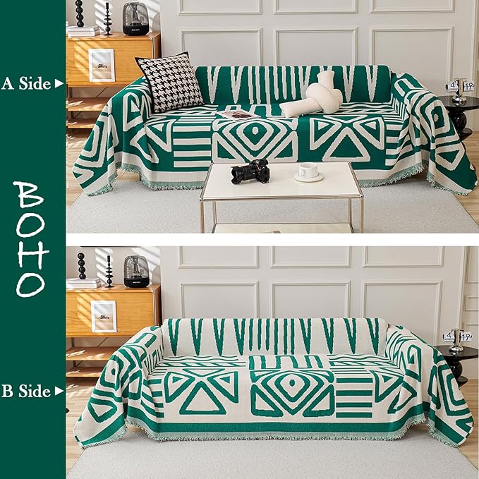 HANDONTIME Couch Cover Boho Sofa Covers Washable Forest Green Dog Covers for Couches Reversible Couch Blanket Cover Geometric Armchair Covers Dark Green, 71" X71"
