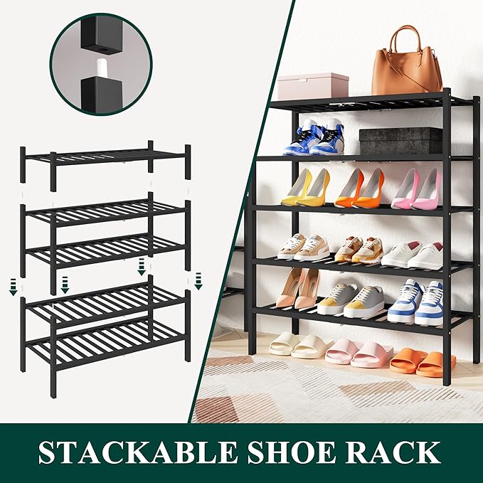 Smiry Shoe Rack, 2 Tier Thick Bamboo Shoe Organizer, Stackable Free Standing Wooden Shoe Storage Shelf for Closet, Entryway, Front Door Entrance, Black