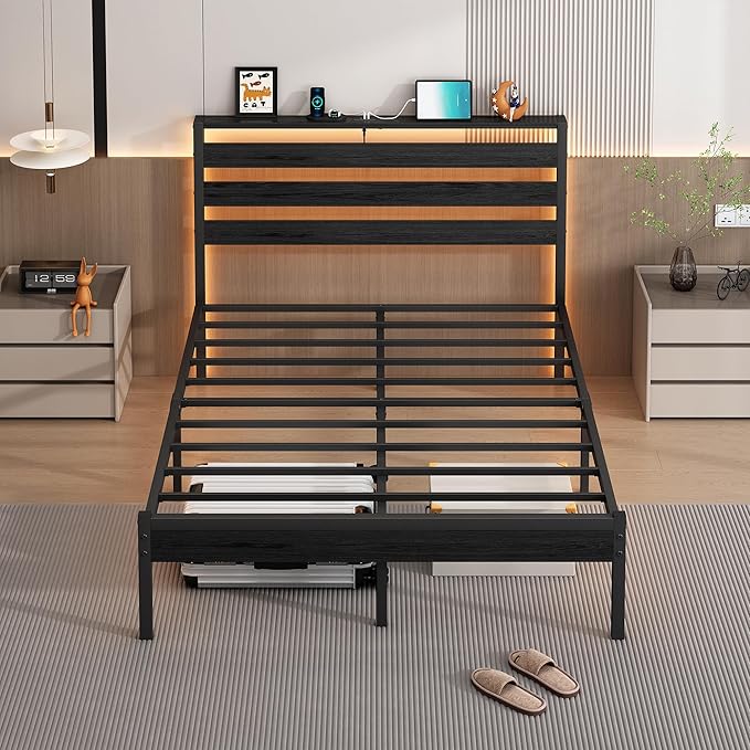 14 Inch Classic Metal Platform Bed Frame-Full Size Bed Frame with Headboard,Steel Slats Support-LED Bed Frame with USB Charging Station,Under Bed Storage,No Box Spring Needed,Noise Free