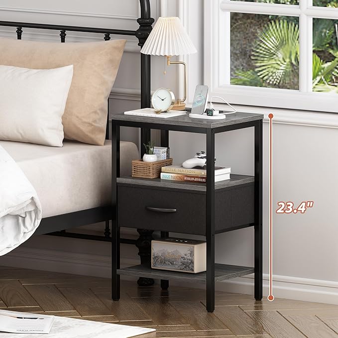 SUPERJARE Nightstand Set of 2, Bed Side Tables with Charging Station, Adjustable Fabric Drawer, Night Stand for Bedroom, 3-Tier Storage End Tables, for Living Room - Charcoal Gray