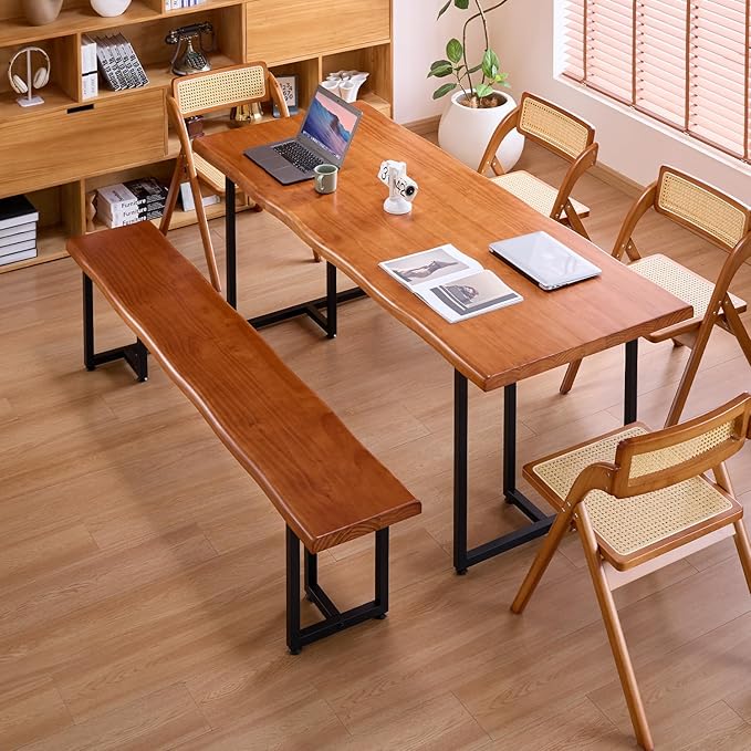 Durable Solid Wood Top Bench with Metal Triangular Legs – Stylish Long Dining Bench for Home, Office, Restaurant & Patio (Wooden Brown Bench, 55.12in)
