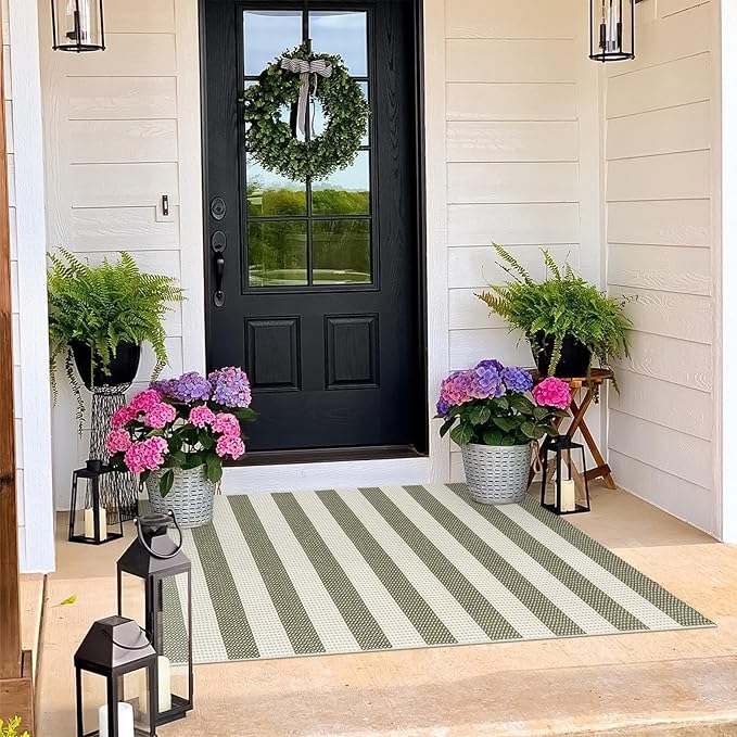 OJIA Outdoor Rug 3'x5', Washable Entryway Rugs Indoor Fall Front Door Mat Cotton Woven Checkered Front Door Rug Small Area Rug Halloween Doormat for Porch Kitchen Patio Bathroom (Green/White/Tan)