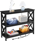 Yaheetech Entryway Table with Storage Shelves, Console Table with Power Outlets and USB Ports, Wood Narrow Sofa Tables with X-Shaped Design for Living Room/Hallway/Couch, Black