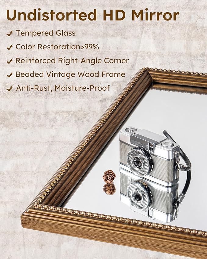 Axeman 30x36 Wood Wall Mirror, Rustic Bathroom Mirror, Vintage Wall Mounted Mirror Tempered Glass with Beaded Wooden Frame for Farmhouse Living Room Vanity Bedroom Entryway, Bronze