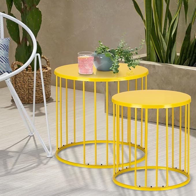 SUNNYPARK Outdoor Side Table Set of 2, Metal Circle Accent End Tables for Balcony Backyard Garden Indoor Living Room, Durable Black Nesting Coffee Tables, 20”+16” Dia