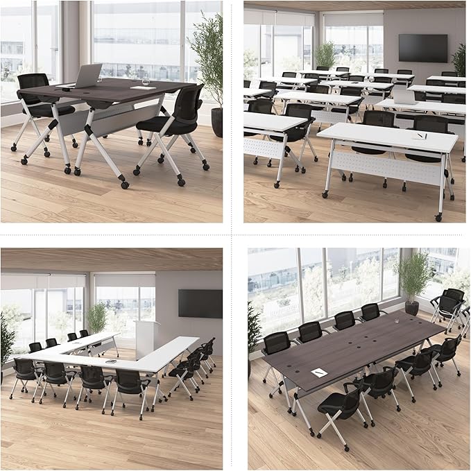 Bush Business Furniture Folding Training Table Set for 2, 60 inch, 2 Mesh Back Folding Chairs with Arms, Commercial-Grade Bundle for Office or Classroom, Envision Collection, Gray
