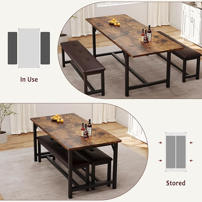 GarveeHome Dining Table Set for 4-6, 63" Extendable Wood Dining Room Table with Corner Protector & 2 Upholstered Benches, Kitchen Table Set for Apartment, Small Space, Easy Assembly, Retro Brown