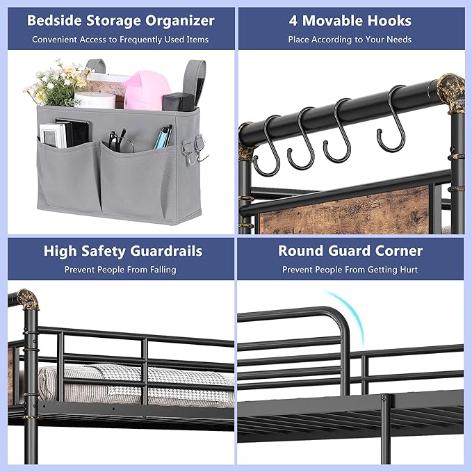Metal Bunk Bed Twin Over Twin, Industrial Bunkbeds Heavy Duty Bed with Safety Guard Rails and Space-Saving Design, Steel Bed for School, Bedroom (Vintage Brown)