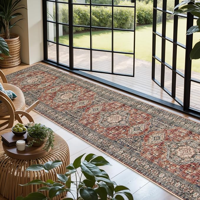 Lahome Oriental Hallway Runner Rug, 2.5x12 Washable Runners for Hallways Kitchen, Soft Distressed Non Shedding Long Carpet for Entryway ‎Laundry Room, Brick Red