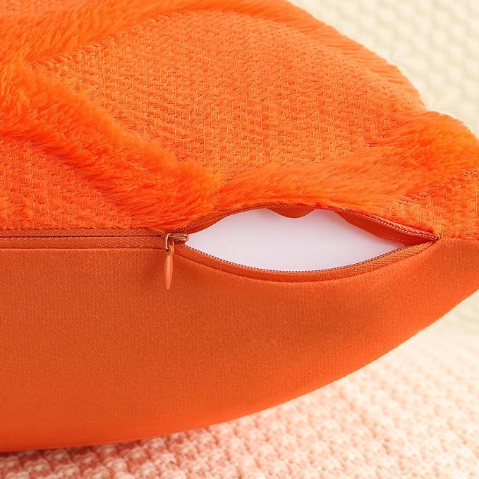 decorUhome Fall Throw Pillow Covers 16x16 Inch Set of 2, Soft Plush Faux Fur Wool Orange Couch Pillow Covers, Decorative Neutral Pillow Cases for Bed Sofa Living Room Home Decor