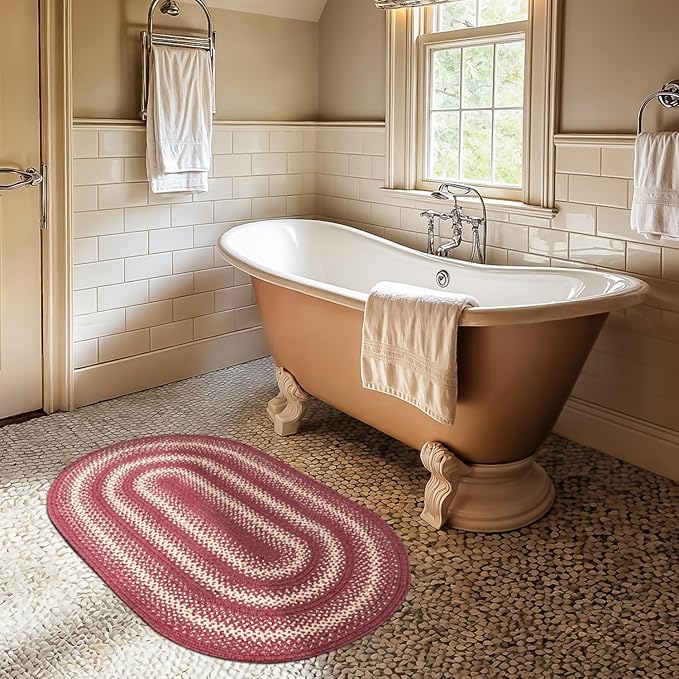 Autumn Maple Burgundy and Tan Oval Braided Rug, Jute, 2x3' - Rustic Primitive Decor for Entryway, Kitchen, Everywhere