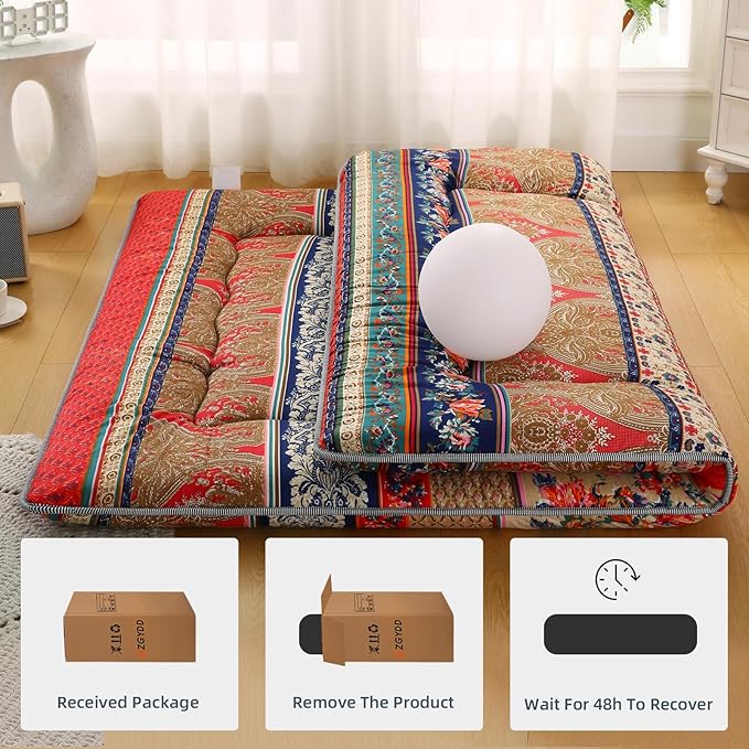 Bohemian Retro Japanese Floor Mattress, Vintage Floral Tatami Floor Mat, Portable Roll up Futon Mattress for Guest,Tavel (A,Full 80" X 47")