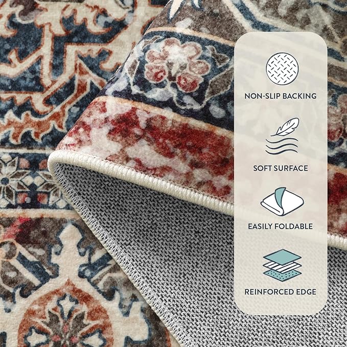 Lahome Oriental Washable Rugs 8x10, Non-Slip Soft 8x10 Rugs for Living Room Bedroom, Stain Resistant Ultra-Thin Vintage Accent Carpet for Dining Room Office, Brick Red