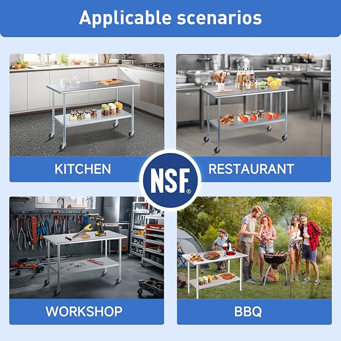 ROCKPOINT Stainless Steel Table for Prep & Work with Backsplash 14x24 Inches, NSF Metal Commercial Kitchen Heavy Duty Table with Adjustable Under Shelf and Table Foot for Restaurant, Home and Hotel