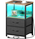 Seventable Nightstand Set of 2 with Charging Station, Bedside Table with LED Lights, Night Stand with 2 Fabric Drawers, 3-Tier Storage End Table for Bedroom, Rustic Brown