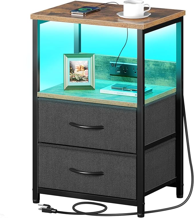 Seventable Nightstand with Charging Station, Bedside Table with LED Lights, Night Stand with 2 Fabric Drawers, 3-Tier Storage End Table for Bedroom, Rustic Brown