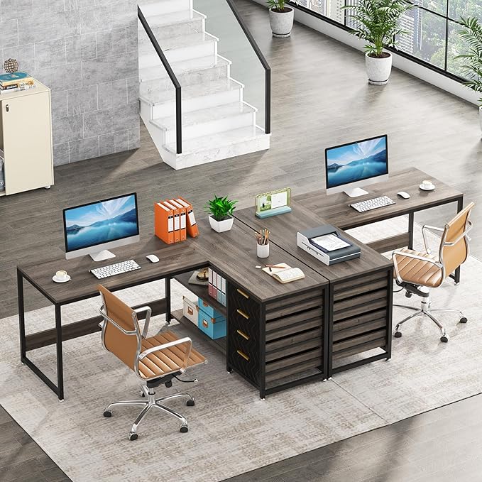 Tribesigns L Shaped Computer Desk with Storage Drawers, 59 inch Corner Desk with Shelves, Reversible L-Shaped Office Desk Writing Table Workstation for Home Office, Grey