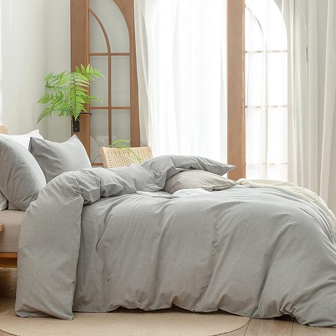 BESTOUCH Duvet Cover Set 100% Washed Cotton Linen Feel Super Soft Comfortable Chic Lightweight 2 PCs Home Bedding Set Solid Light Grey Twin/Twin XL