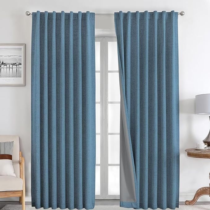 Joydeco Natural Linen Curtains 90 inch Length 2 Panels Set Burg 100% Blackout Patio Door Curtain Room Darkening Sliding Door Curtains Thermal Insulated Back tab Rod Pocket(105x90 inch, Sky Blue)