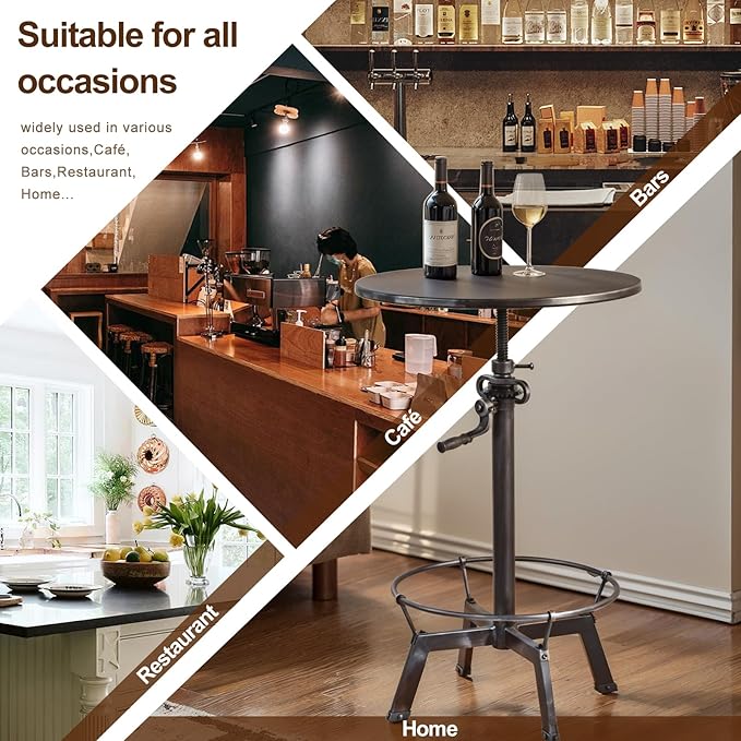 LOKKHAN 33.5"-39.4" Tall Industrial Bar Table-Adjustable Bar Height Pub Table-23.7" Dia Swivel Round Metal Top-Easily Adjusts by Crank Handle, Silver Gray