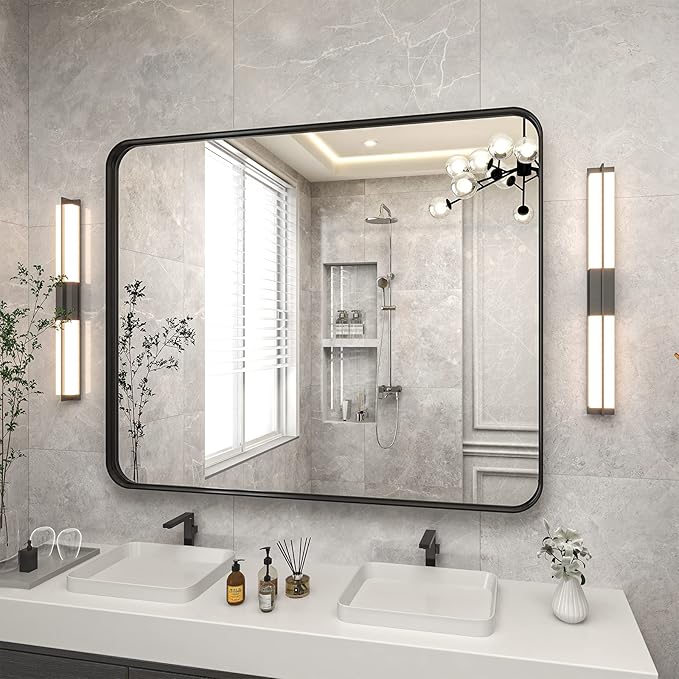 Bathroom Mirror 30x40 inch, Black Gorgeous Deep Frame Wall Mirror, Modern Round Corner Bathroom Vanity Mirror for Bedroom, Living Room, Hanging or Leaning Horizontal or Vertical, Black
