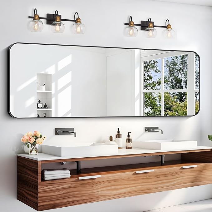 60" x 20"Bathroom Mirror, Matte Black Wall Mirror with Metal Frame, Decorative Rectangular Vanity Mirror for Bedroom Bathroom Living Room Entryway (Horizontal/Vertical)