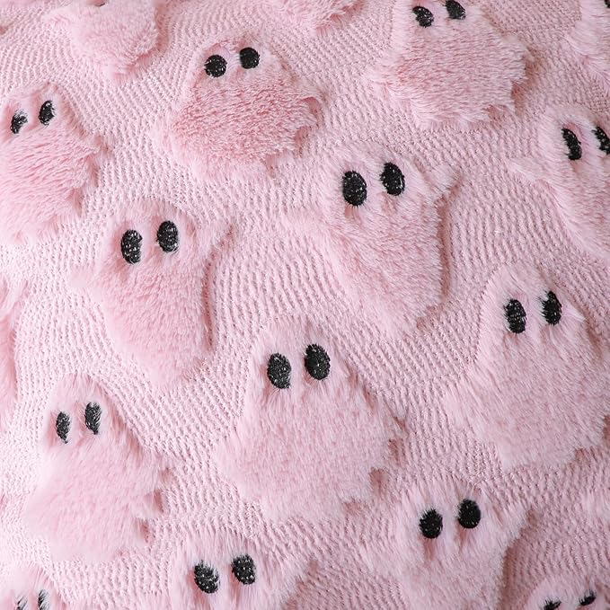 4TH Emotion Halloween Ghost Decorative Pillow Covers 18x18 Set of 2, Pink Soft Plush Faux Fur Farmhouse Throw Cushion Cases for Fall Autumn Holiday Home Decorations
