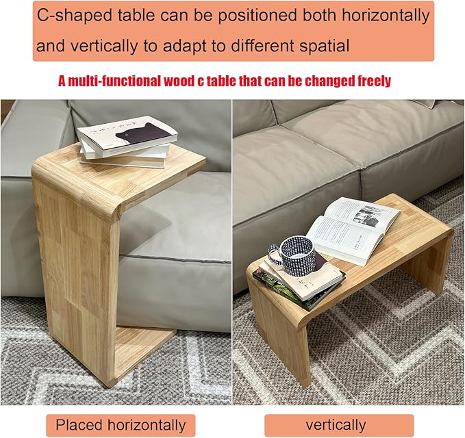 C Shaped End Table, Solid Wood C Side Table for Couch Sofa and Bed, Sofa Tables That Slide Under for Space Saving, Small Snack C Tables for Living Room Bedroom (H 27.2″ - Wood, 2)