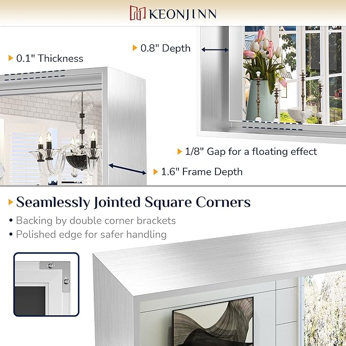 Keonjinn 55 x 30 in Brushed Silver Bathroom Vanity Mirror, Large Silver Framed Mirror for Over Sink, Metal Framed, Rectangle Square Corner, Modern Farmhouse Decorative(Horizontal/Vertical)