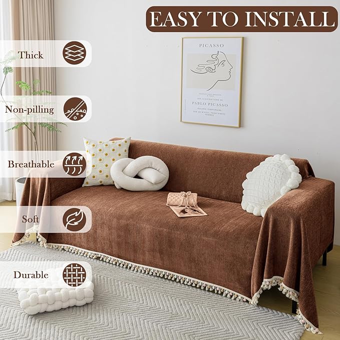 HANDONTIME Boho Style Sofa Cover with Tassels, Washable & Non-Slip Couch Cover for 3 Cushion Sofa, Herringbone Pattern Pet-Friendly Sofa Slipcover, Chocolate Color, 71"x134", Living Room Decor
