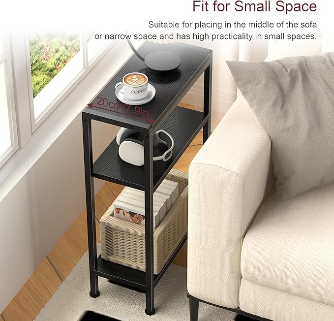Narrow Side Table for Small Space, 3-Tier Small End Table with Shelf Holder, Slim Nightstand, Skinny Snack Couch Table in Living Room, Bedroom, Study, Kitchen and Balcony（Black