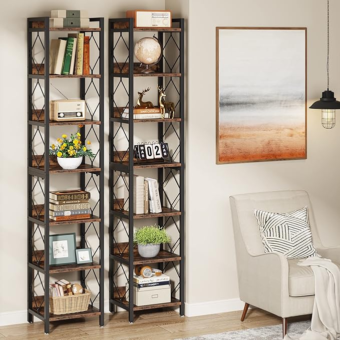 Tribesigns 78.7 Inch Extra Tall Narrow Bookshelf, 7 Tier Skinny Bookcase for Small Spaces, Freestanding Display Shelves, Multifunctional Corner Storage Organizer for Home Office, Rustic Brown