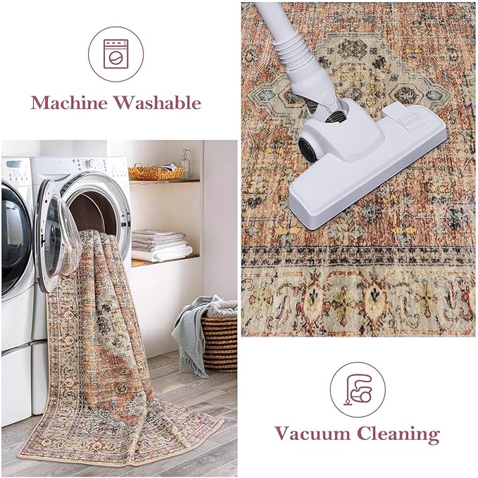 Lahome Oriental Washable Rugs 8x10, Non-Slip Soft 8x10 Rugs for Living Room Bedroom, Stain Resistant Ultra-Thin Vintage Accent Carpet for Dining Room Office, Peach/Orange