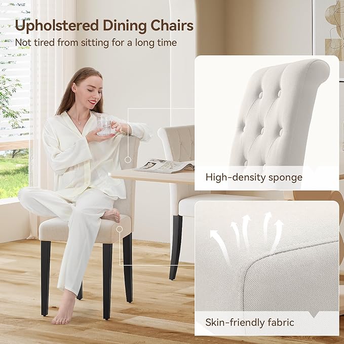 Upholstered Dining Chairs Set of 4, Button Tufted Parsons Dining Chair with Solid Wood Legs, Modern Fabric Side Chair for Hotel/Dining Room/Kitchen/Restaurant- White