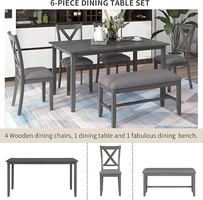 Merax 6-Piece Kitchen Dining Table Set Wooden Rectangular Dining Table, 4 Dining Chair and Bench Family Furniture for 6 People, Grey