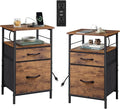 WLIVE Night Stand Set 2, Nightstand with Charging Station, Bedside Tables for Bedroom, Side Table with Fabric Drawers, USB Ports and Outlets, Rustic Brown