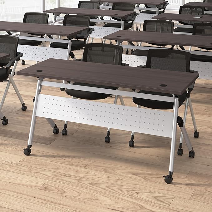 Bush Business Furniture Folding Training Table Set for 2, 60 inch, 2 Mesh Back Folding Chairs with Arms, Commercial-Grade Bundle for Office or Classroom, Envision Collection, Gray