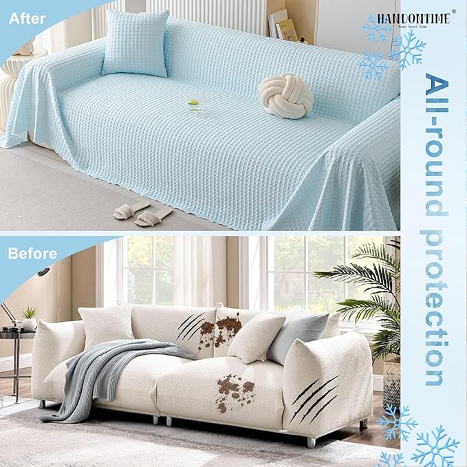 HANDONTIME Cooling Dog Couch Cover Ice Silk Washable & Breathable Pet Sofa Protector Durable Couch Covers for Sofa Pet Friendly Soft Dog Cooling Bed Cover Sofa Protector Covers (Baby Blue, 71"x118")