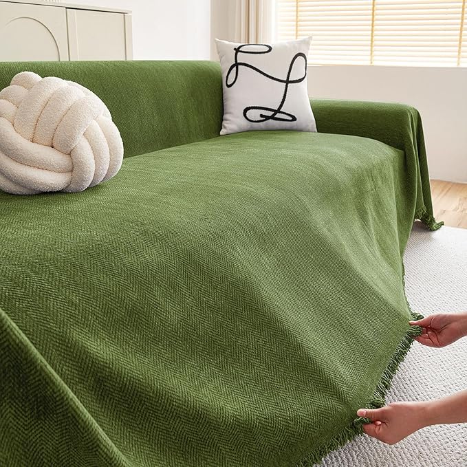 hyha Couch Cover for Dogs, Boho Sofa Covers for 3 Cushion Couch Washable, Chenille Sofa Slipcover for Pets, Soft Loveseat Sectional Couch Throw Blankets with Tassels (Green, 88.5x118 Inch)