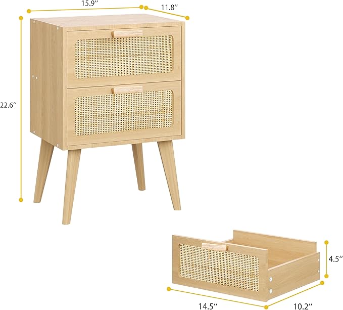 Rattan Nightstand,Boho Bedside with Storage,End Table,Side Table with 2 Hand Made Rattan Decorated Drawers for Small Space,Livingroom,Bedroom,Natural 11.8" D x 16" W x 22.4" H CTG59Y