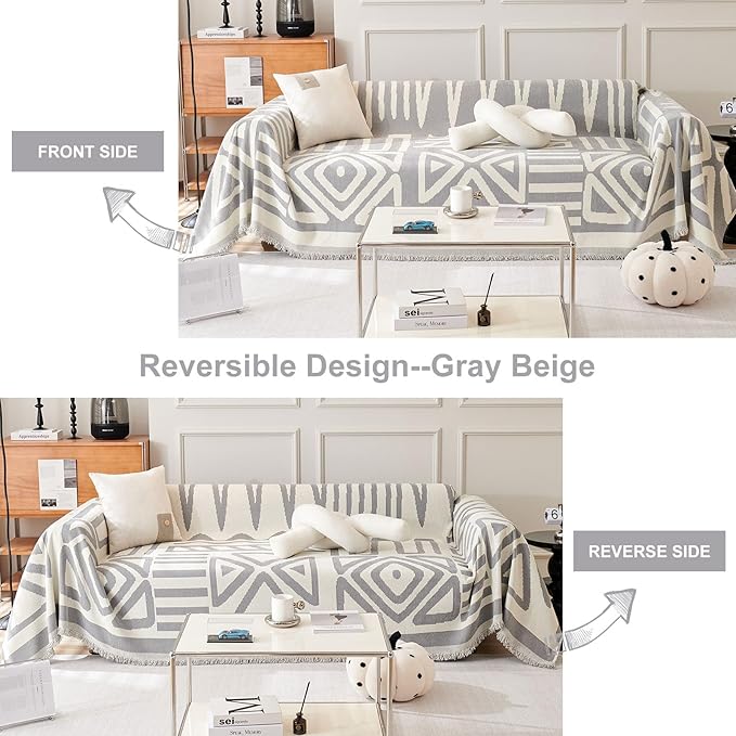 STACYPIK Boho Couch Cover, Chenille Gray Triangle Sofa Cover for 3 Cushion Couch,Non Slip Couch Protector for Dogs Pet-Friendly, Reversible Sectional Cover for L-Shaped, Tassels Throw Blanket-71X150IN