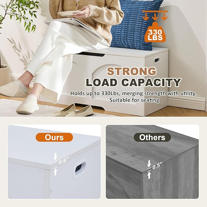 39.4" Storage Chest, Wooden Storage Bench, Storage Trunk, Chest with Lift Top, Large Box Entryway Bench, Supports 330 lb U-Shaped Opening for Entryway, Hallway, Living Room, Ivory White