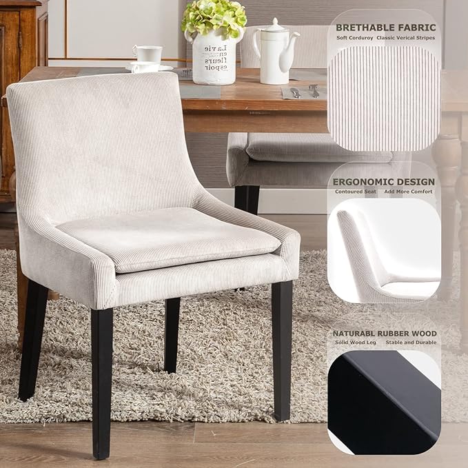 COLAMY Modern Dining Chairs Set of 4, Upholstered Corduroy Accent Side Leisure Chairs with Mid Back and Wood Legs for Living Room/Dining Room-Beige