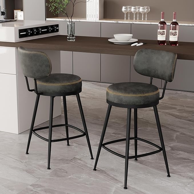 Counter Height Bar Stools, 26" H Swivel Barstools Set of 4, Faux Leather Kitchen Counter Stools with Back and Stylish Stitching, Metal Frame, Pub, Home Bar, Black Grey