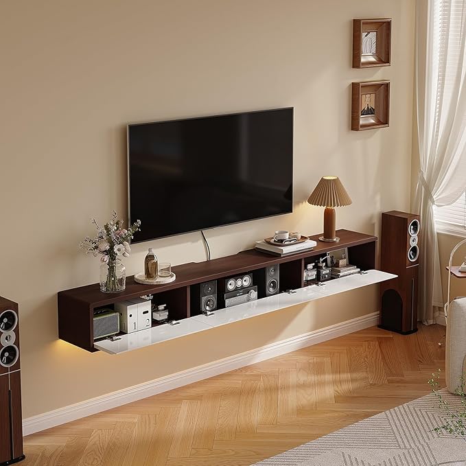 Floating TV Stand High Gloss,70'' Wall-Mounted TV Cabinet,Floating TV Console,Under TV Shelf with 3 Doors for Living Room Bedroom(Walnut+White)