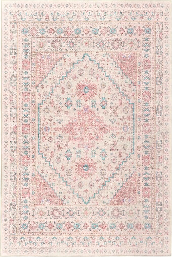 zesthome 9x12 Area Rugs for Girls Bedroom, Low Pile Machine Washable Rugs, Vintage Large Pink Rugs, Stain Resistant Nursery Room Rug, Baby Crawling Rug (Pink/Blue,9'x12')