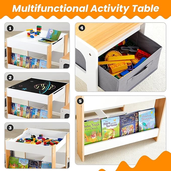 Asweets Kids Table and Chair Set,4 in 1 Toddler Desk with Storage Drawer,Wooden Activity Table for 2 in 1 Detachable Tabletop,Bookshelf,Suitable for Classroom,Home,Nursery,Playroom (Natural White)