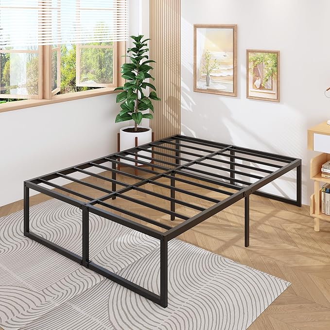 18 Inch Full Bed Frame No Box Spring Needed, Heavy Duty Metal Platform Beds with Sturdy Steal Slats for Mattress Foundation, Easy Assembly, Noise Free, Black